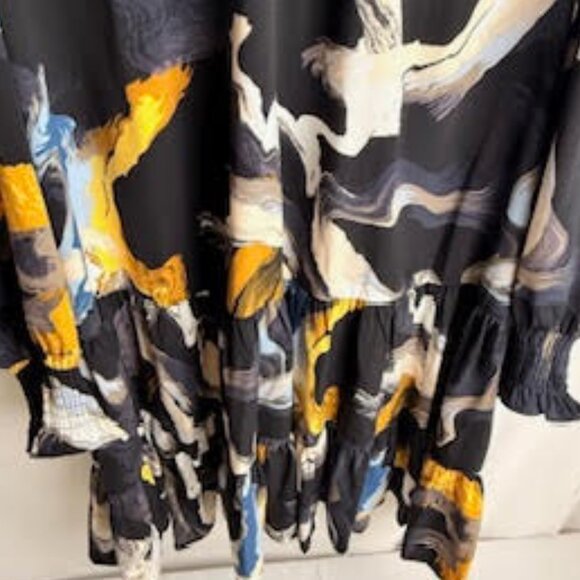 Nine West Abstract Print Long Sleeve Tiered Mini Dress Black/White/Yellow XL - Picture 5 of 9